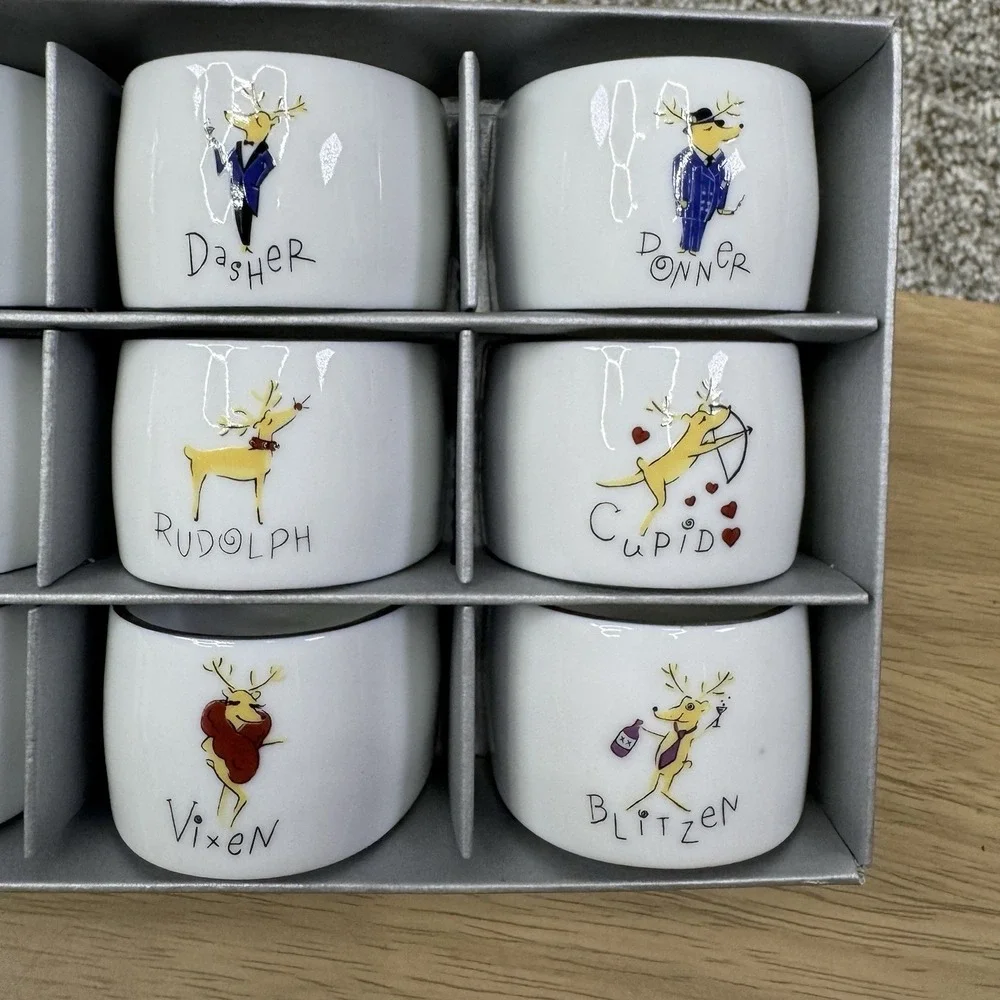Pottery Barn Reindeer Christmas Napkin Rings‎ Set of 9 Made in Japan In Box